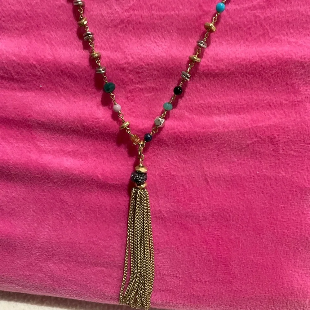 Multicolored Beaded Chain with Gold Chain Tassels